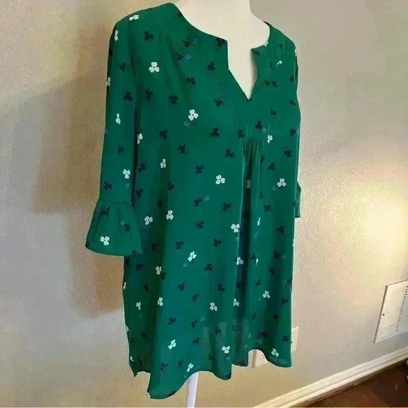 Pleione green three-quarter sleeve medium loose fit blouse navy/white flowers - Picture 4 of 15